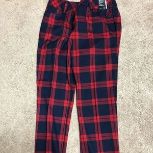 Red and blue plaid straight leg dress pants